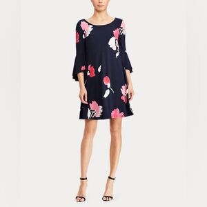 Ralph Lauren Flutter-Sleeve Floral Dress Size 10 Navy Pink Bell Sleeves Cocktail